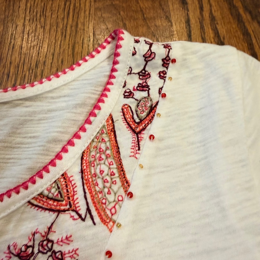 French Laundry Embroidered Boho Peasant Top Tassel Beaded White Pink Large - Picture 6 of 9